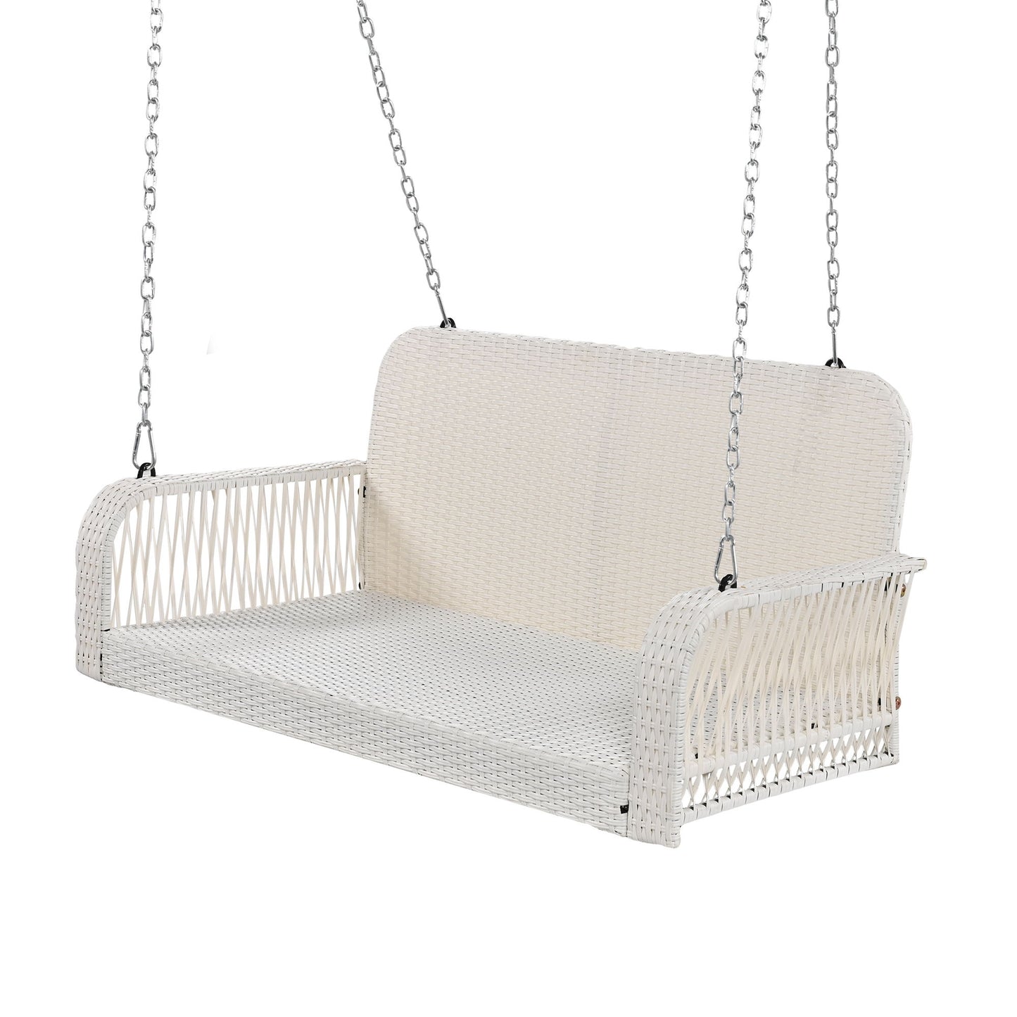 PE Wicker Porch Swing, 2 Seater Hanging Bench With Chains, Patio Furniture Swing For Backyard Garden Poolside - White / Gray