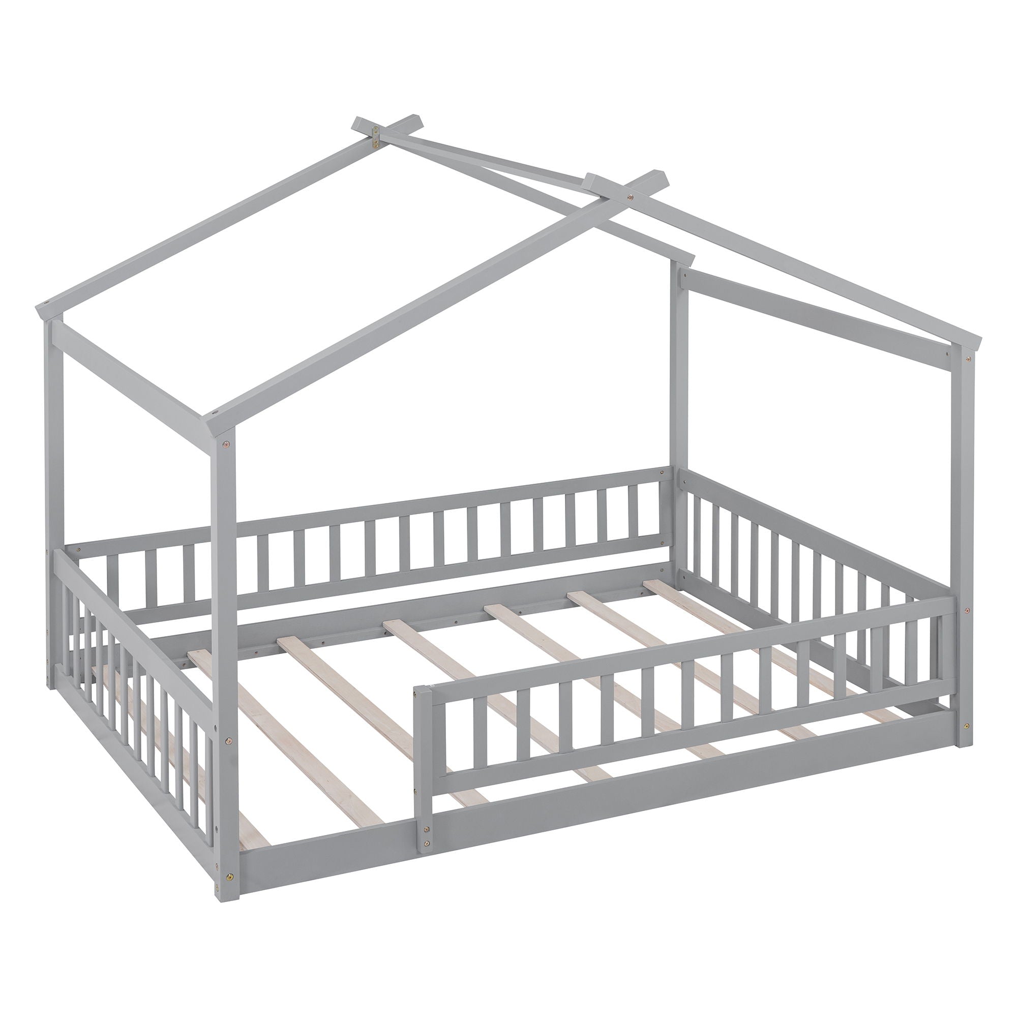 Full Size Bed House Bed Frame With Fence - Gray