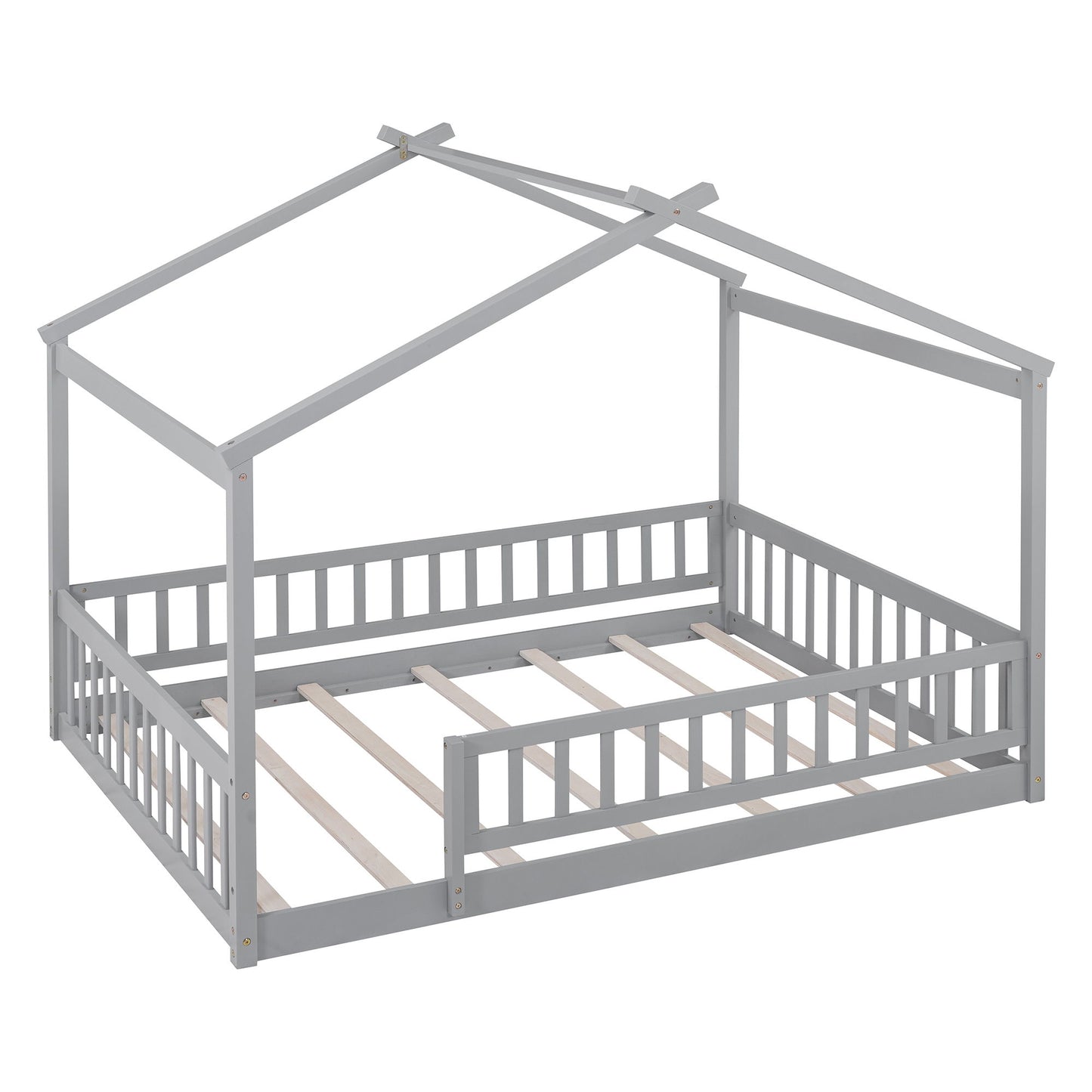 Full Size Bed House Bed Frame With Fence - Gray