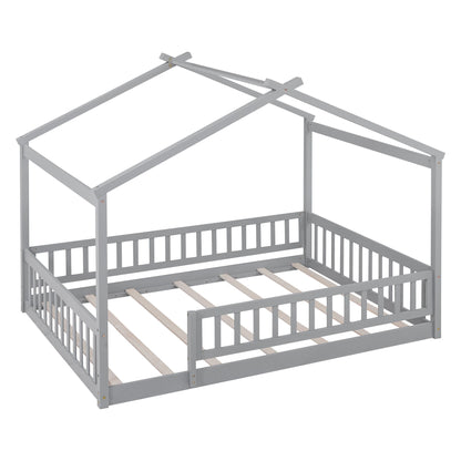 Full Size Bed House Bed Frame With Fence - Gray