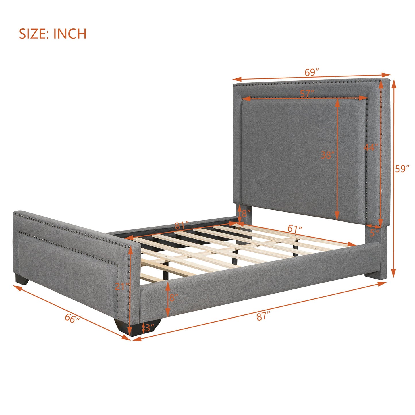 Queen Size Upholstered Bed With Slats Support, No Box Spring Needed - Gray