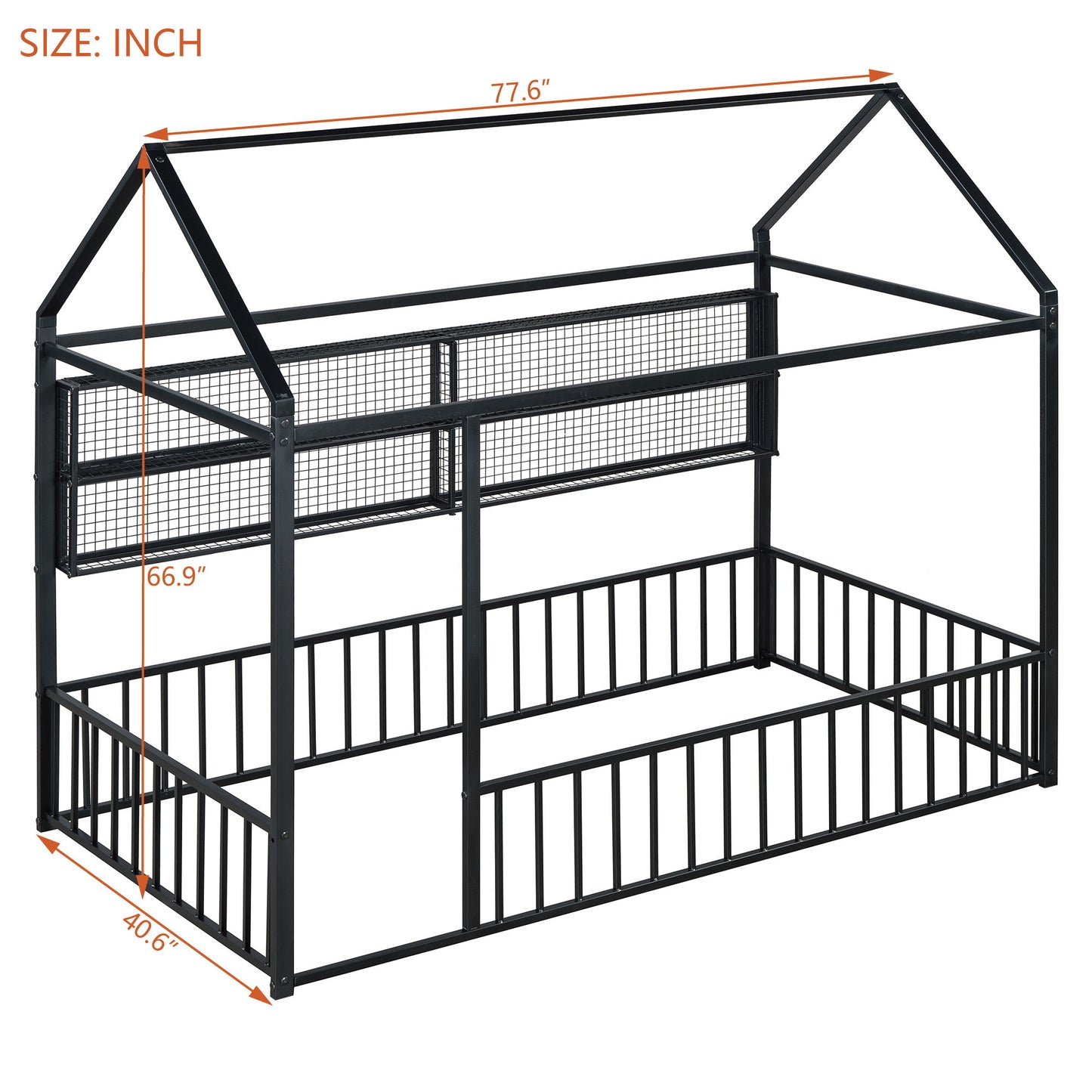 Twin Size Bed House Frame With Fence And Shelves - Black