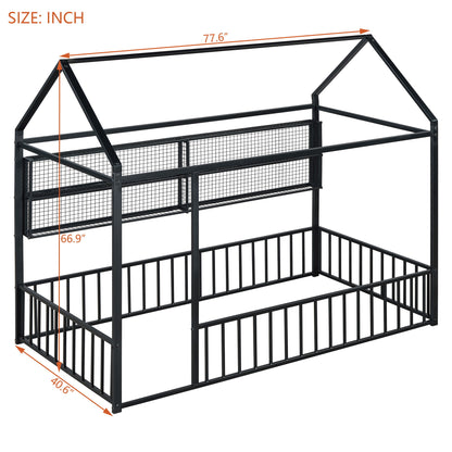 Twin Size Bed House Frame With Fence And Shelves - Black