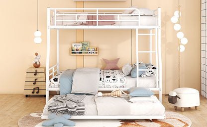 Full Long Over Queen Metal Bunk Bed With Trundle - White
