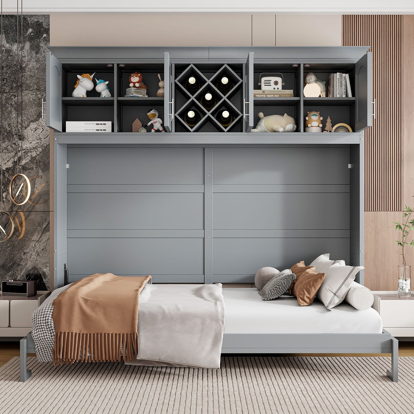 Queen Size Murphy Wall Bed With Top Cabinets & Wine Rack - Gray