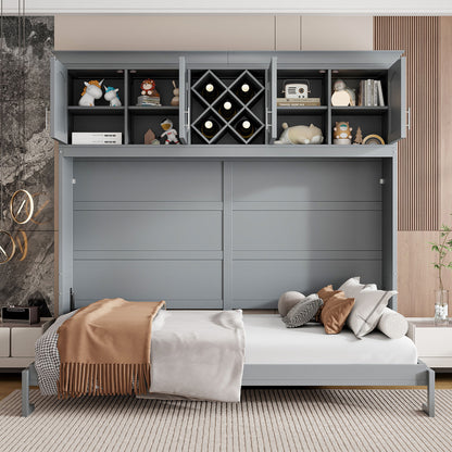 Queen Size Murphy Wall Bed With Top Cabinets & Wine Rack - Gray