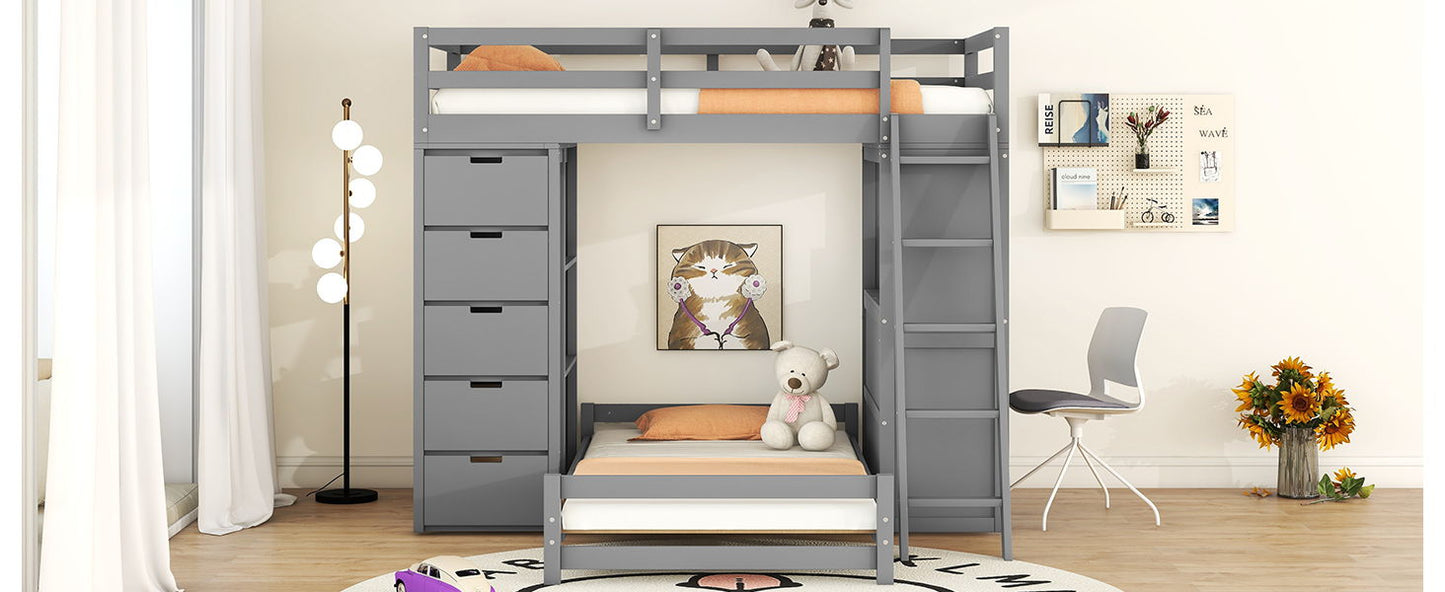 Twin Over Twin Bunk Bed With LED Light And USB Ports - Gray