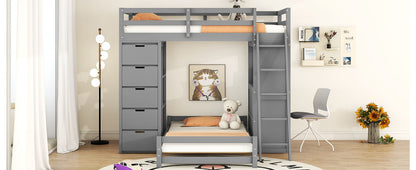 Twin Over Twin Bunk Bed With LED Light And USB Ports - Gray