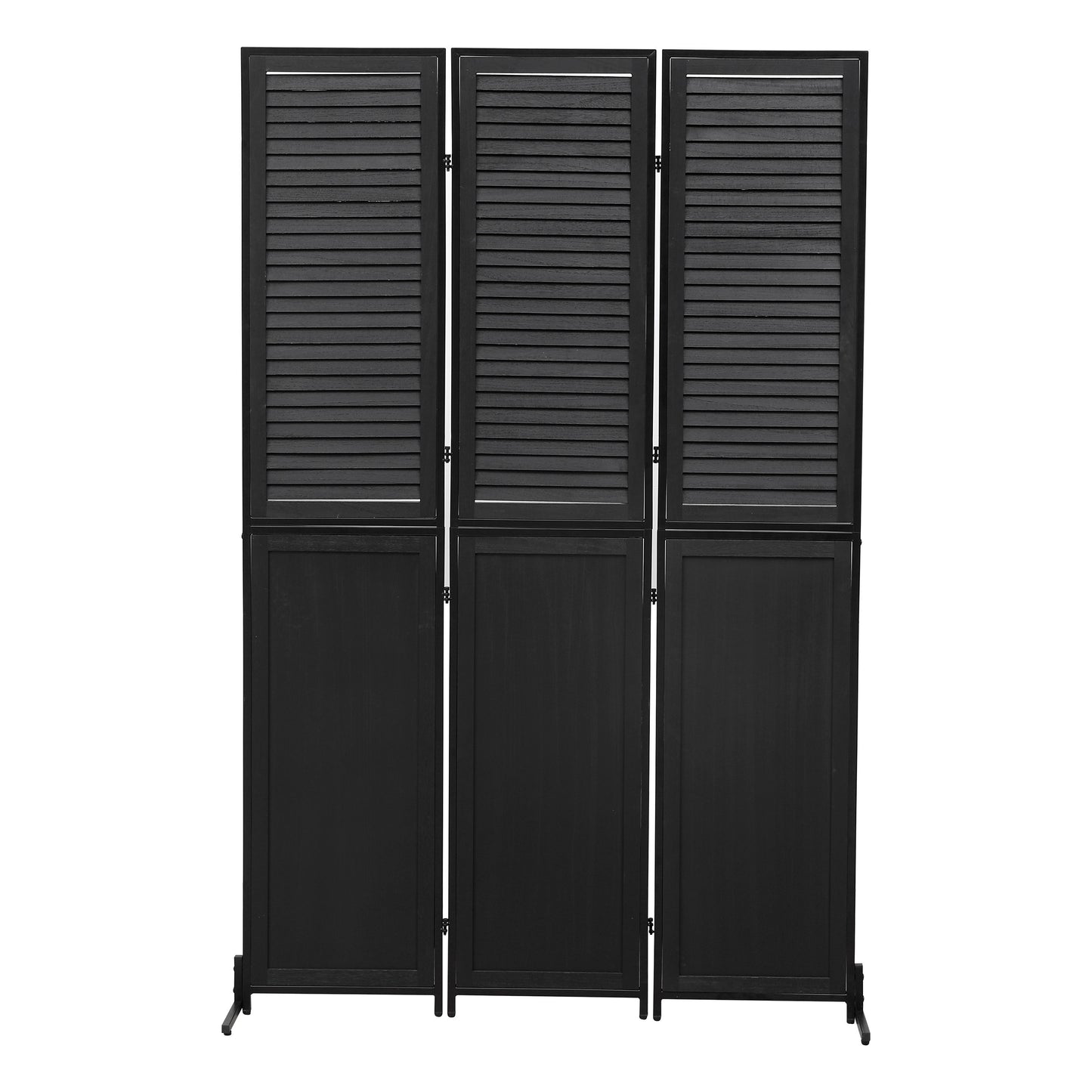 Rustic 3 Panel Room Divider 6Ft Wood Folding Privacy Screen With Metal Frame And Louver Design - Black