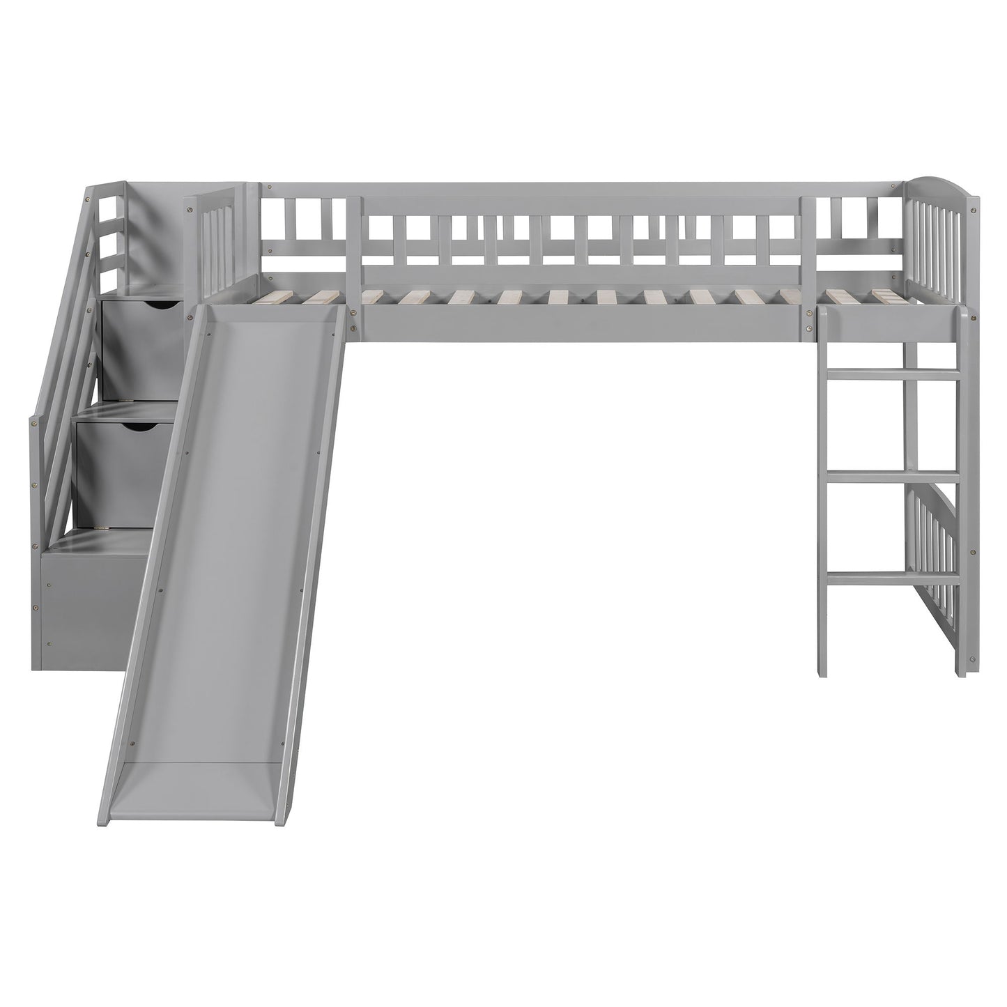 Twin Size Loft Stairway Bed With 2 Drawers And Slide - Gray