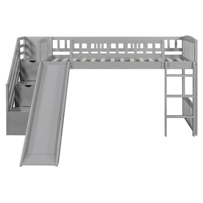 Twin Size Loft Stairway Bed With 2 Drawers And Slide - Gray