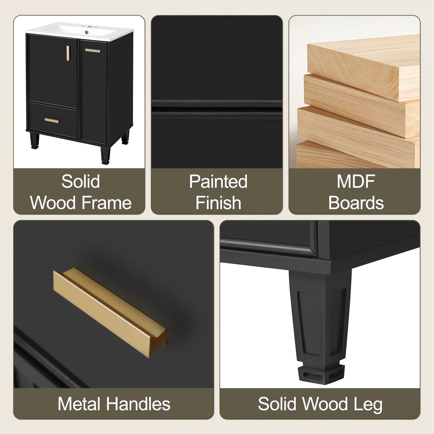 Modern Solid Wood And 24" Bathroom Vanity With Sink, Deep Drawer, Door Shelf, 2 Tier Basket - Black