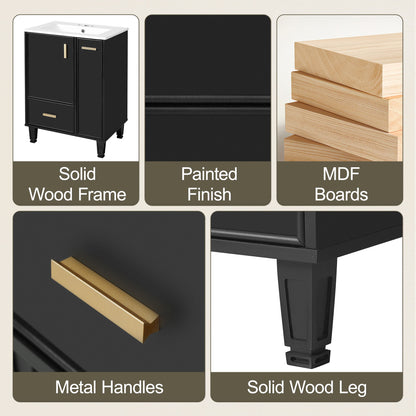 Modern Solid Wood And 24" Bathroom Vanity With Sink, Deep Drawer, Door Shelf, 2 Tier Basket - Black