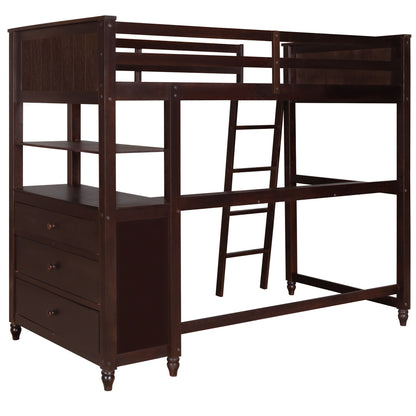 Twin Size Loft Bed With Drawers And Desk, With Shelves - Espresso