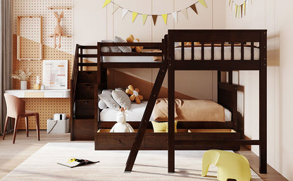 Twin Over Full L Shaped Bunk Bed With 3 Drawers, Ladder And Staircase - Espresso