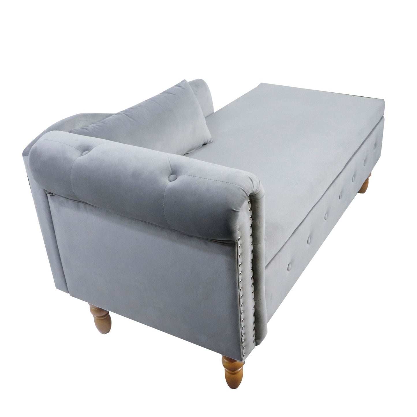 Chaise Lounge Indoor, Velvet Lounge Chair For Bedroom With Storage & Pillow, Modern Upholstered Rolled Arm Chase Lounge For Sleeping With Nailhead Trim For Living Room Bedroom Office - Gray