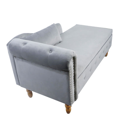 Chaise Lounge Indoor, Velvet Lounge Chair For Bedroom With Storage & Pillow, Modern Upholstered Rolled Arm Chase Lounge For Sleeping With Nailhead Trim For Living Room Bedroom Office - Gray