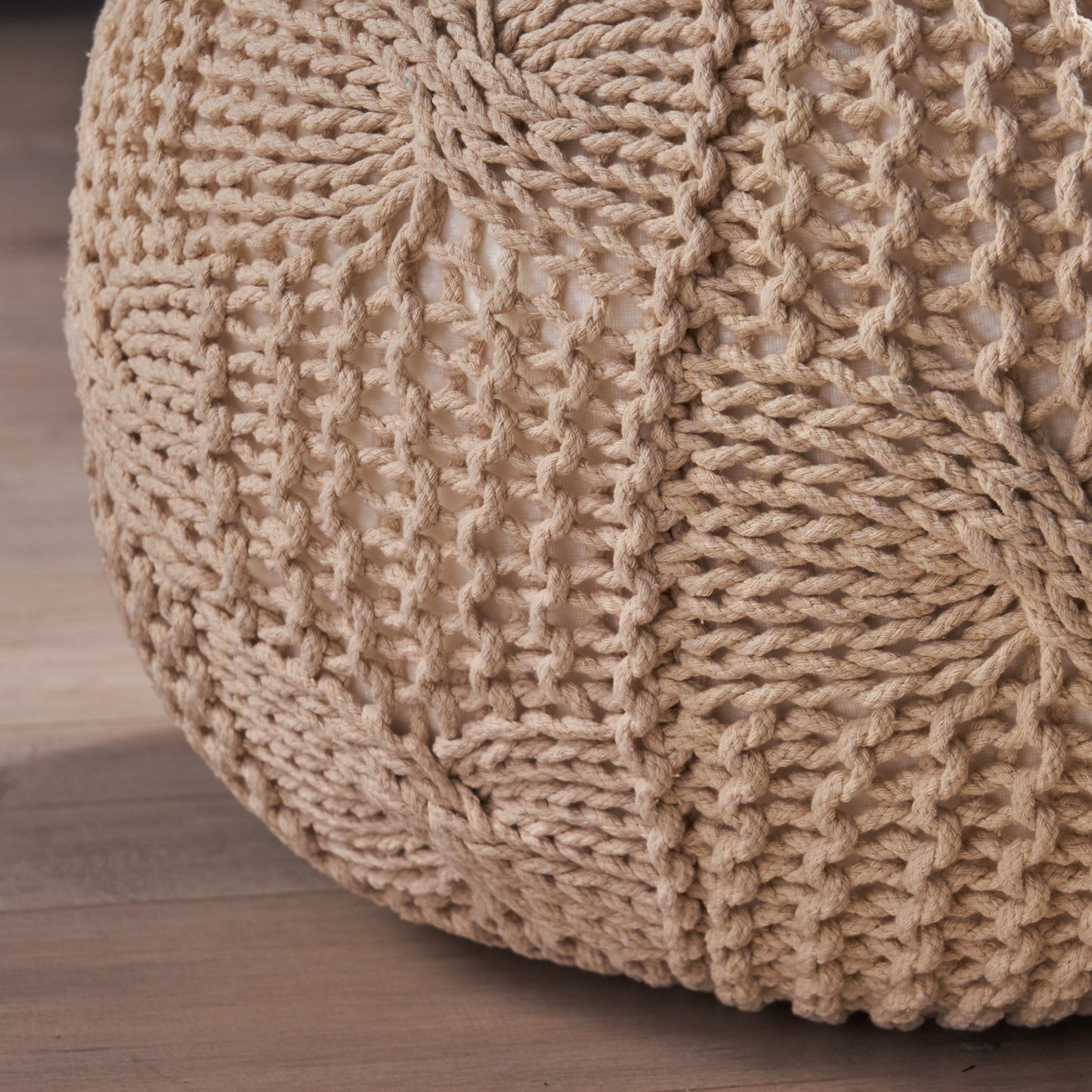 Bordeaux - Knitted Cotton Round Pouf Ottoman Floor Cushion - Beige