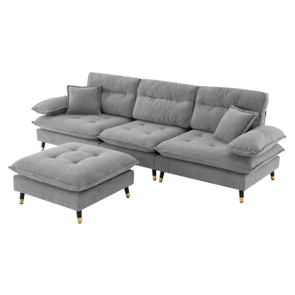 L Shaped Convertible Sectional Sofa 4 Seat Tufted Couch Set With Two Tone Adjust Legs Cloud Movable Ottoman - Gray