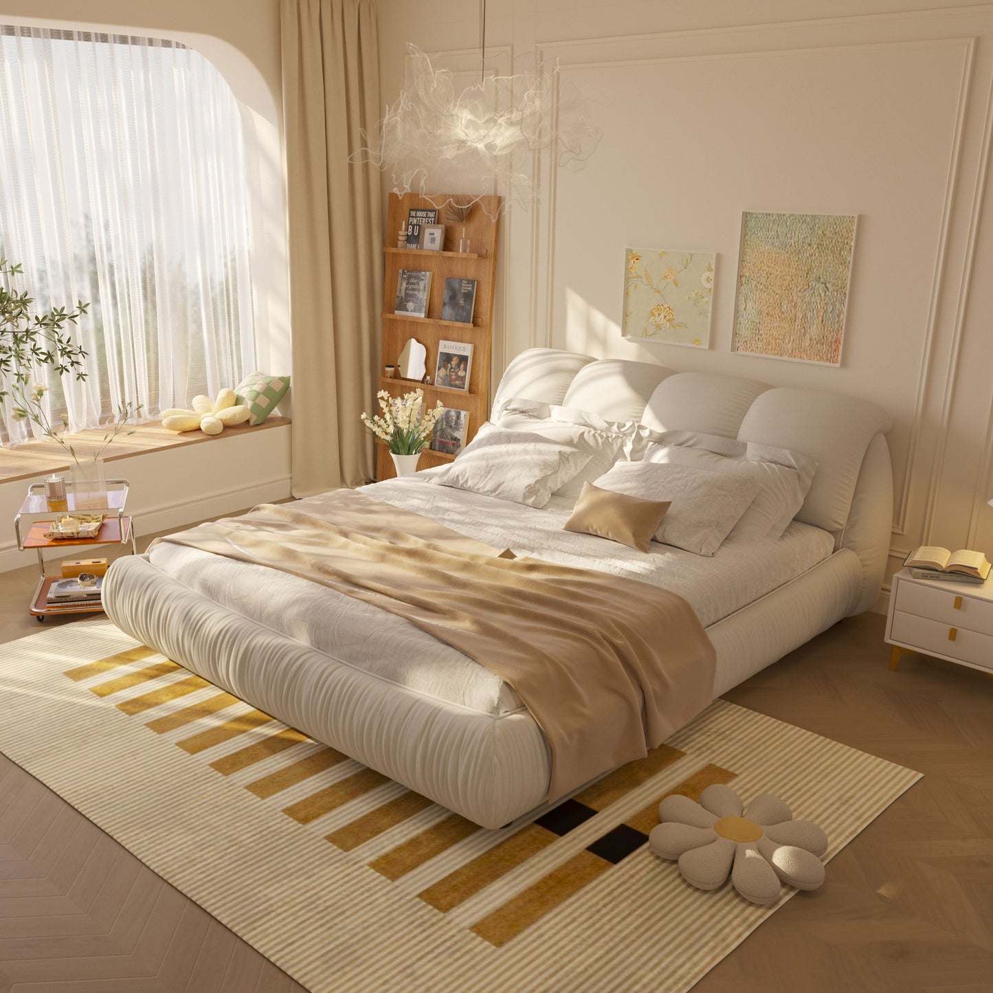 Queen Size Luxury Upholstered Platform Bed With Oversized Padded Backrest And Solid Wood Frame, Suitable For Multiple Heights Of Mattresses - Beige