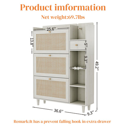 Natural Bohemia Style Shoe Cabinet, Shoe Rack Cabinet With 3 Rattan Flip Drawers, 3 Square Shelves And 1 Storage Drawer, Shoe Organizer With Mulit Storage Space And Hooks For Hallway, Entryway - White