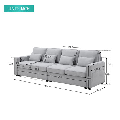 4 Seater Modern Linen Sofa With Armrest Pockets And 4 Pillows, Minimalist Style Couch - Light Gray