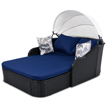 Outdoor Sunbed With Adjustable Canopy, Double Lounge, Daybed - Black / Blue