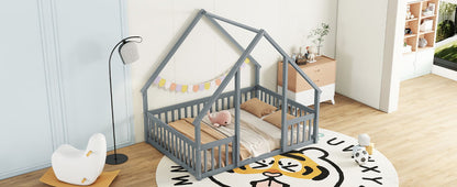 Full Wood House-Shaped Floor Bed With Fence, Guardrails - Gray