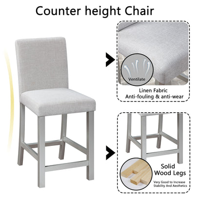 5 Piece Counter Height Table Set, Wooden Kitchen Table Set With Square Table And 4 Upholstered Chairs, Counter Height Dining Table With Crystal Decoration And Chair Set - Silver Gray