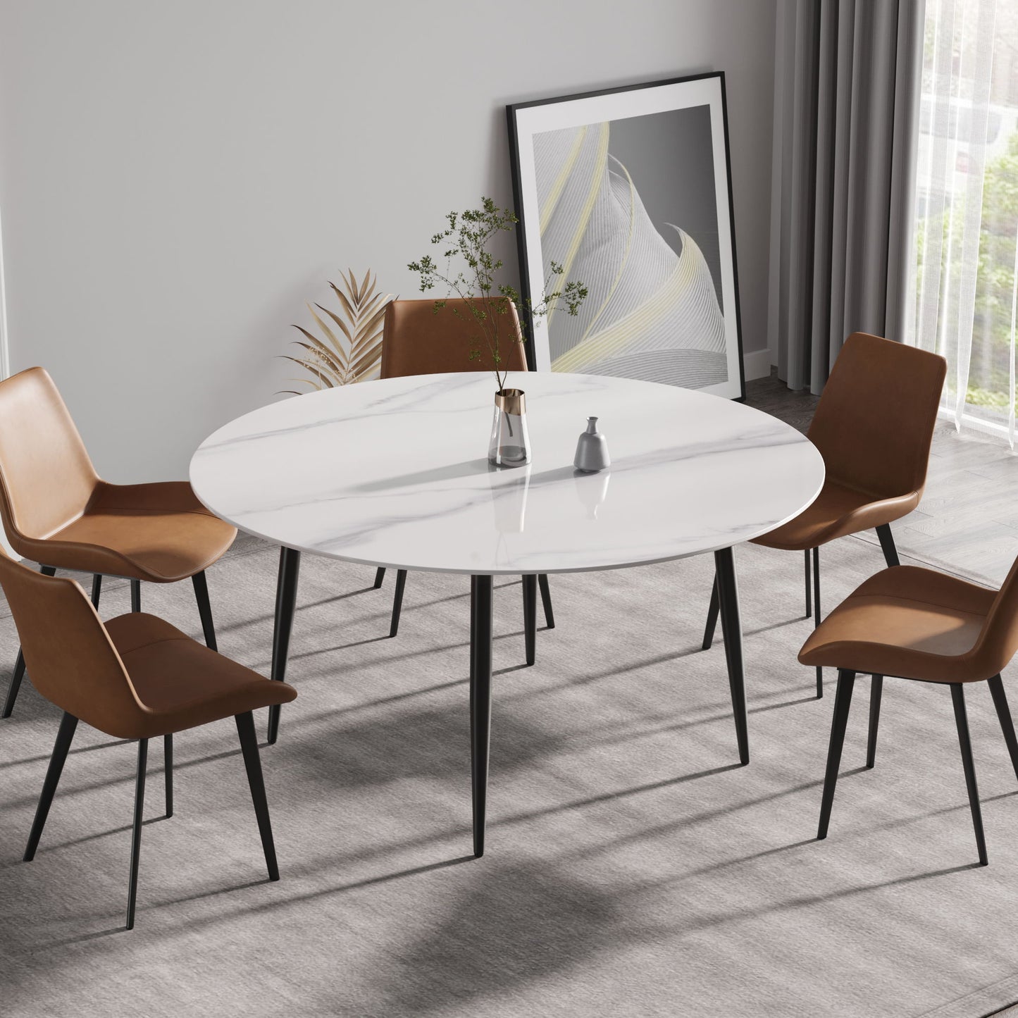 59.05" Modern Man-Made Stone Round Metal Dining Table-Position For 6 People - White / Black