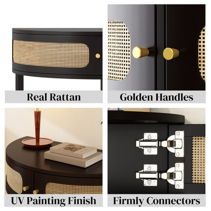 Boho Rattan Semi Circle End Table With Sliding Door, Elegant Wood Accent Table With Storage And Bottom Shelf - Black