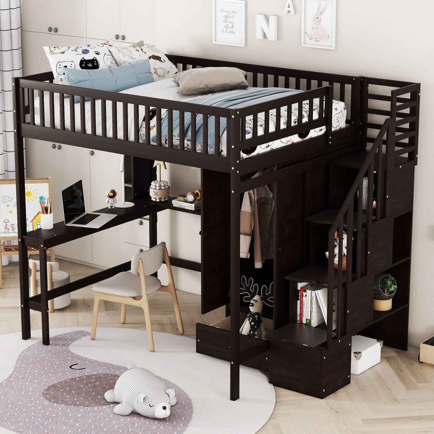 Full Size Loft Bed With Bookshelf, Drawers, Desk, And Wardrobe - Espresso
