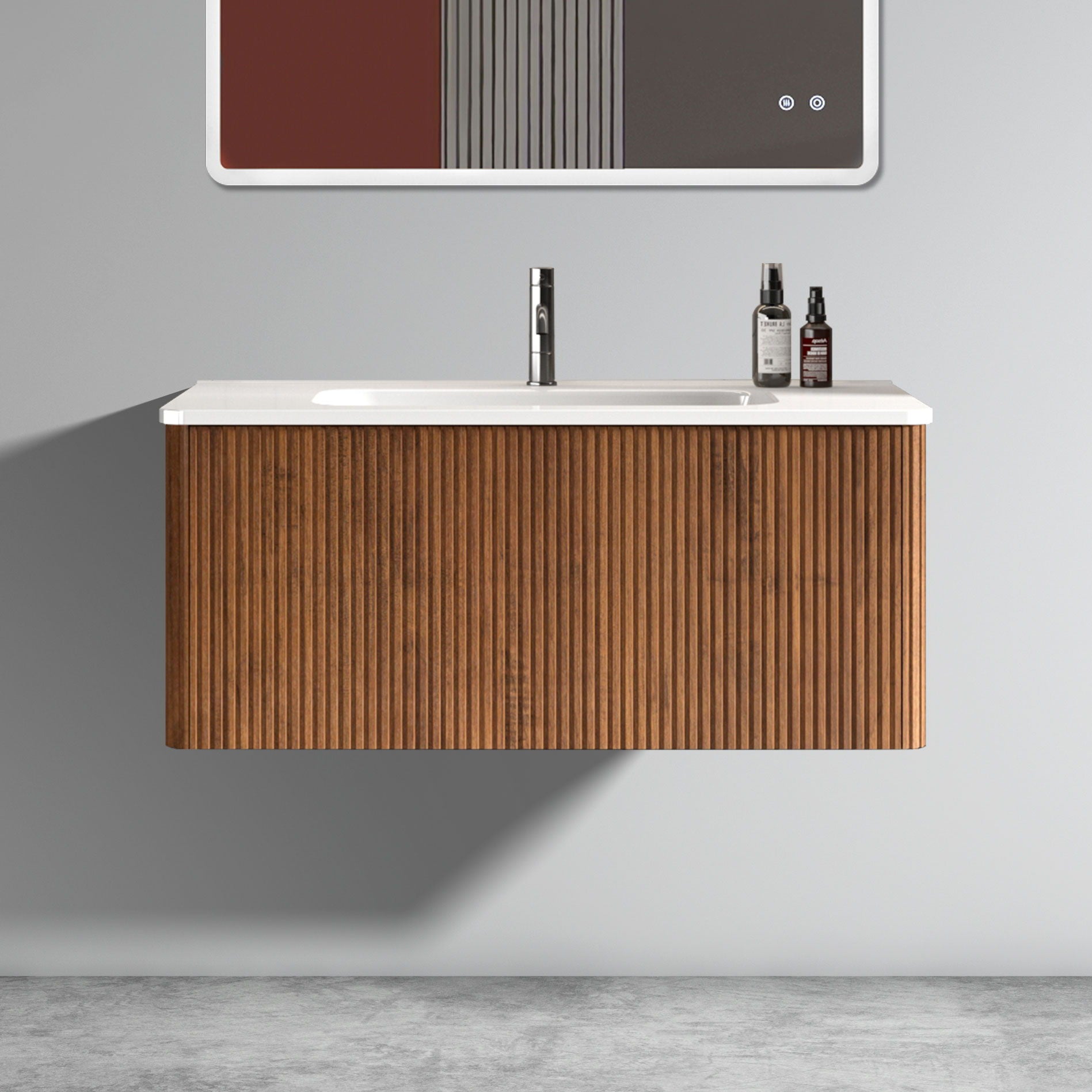 Etna - Striped Walnut Bathroom Vanity With Ceramic Sink, Wall Mounted Floating Bathroom Vanity For Modern Bathroom - Walnut / White