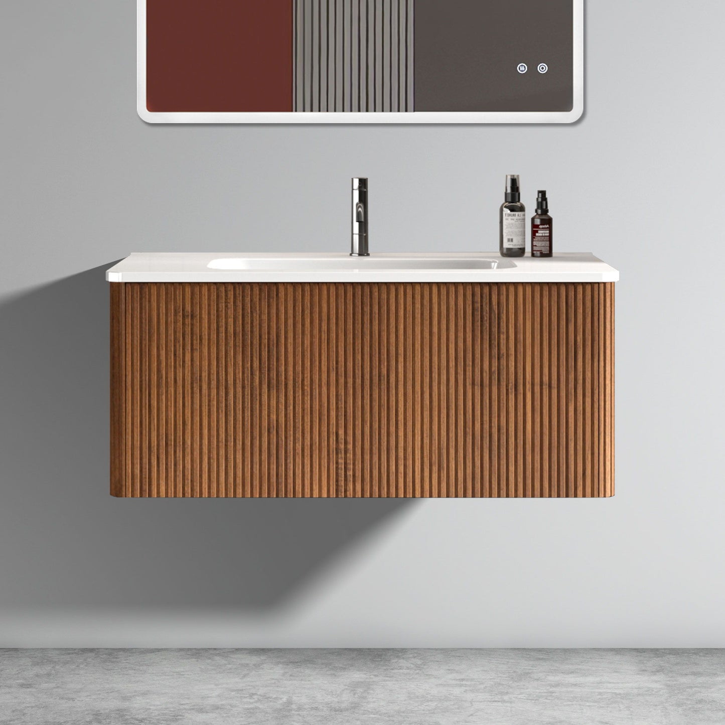 Etna - Striped Walnut Bathroom Vanity With Ceramic Sink, Wall Mounted Floating Bathroom Vanity For Modern Bathroom - Walnut / White