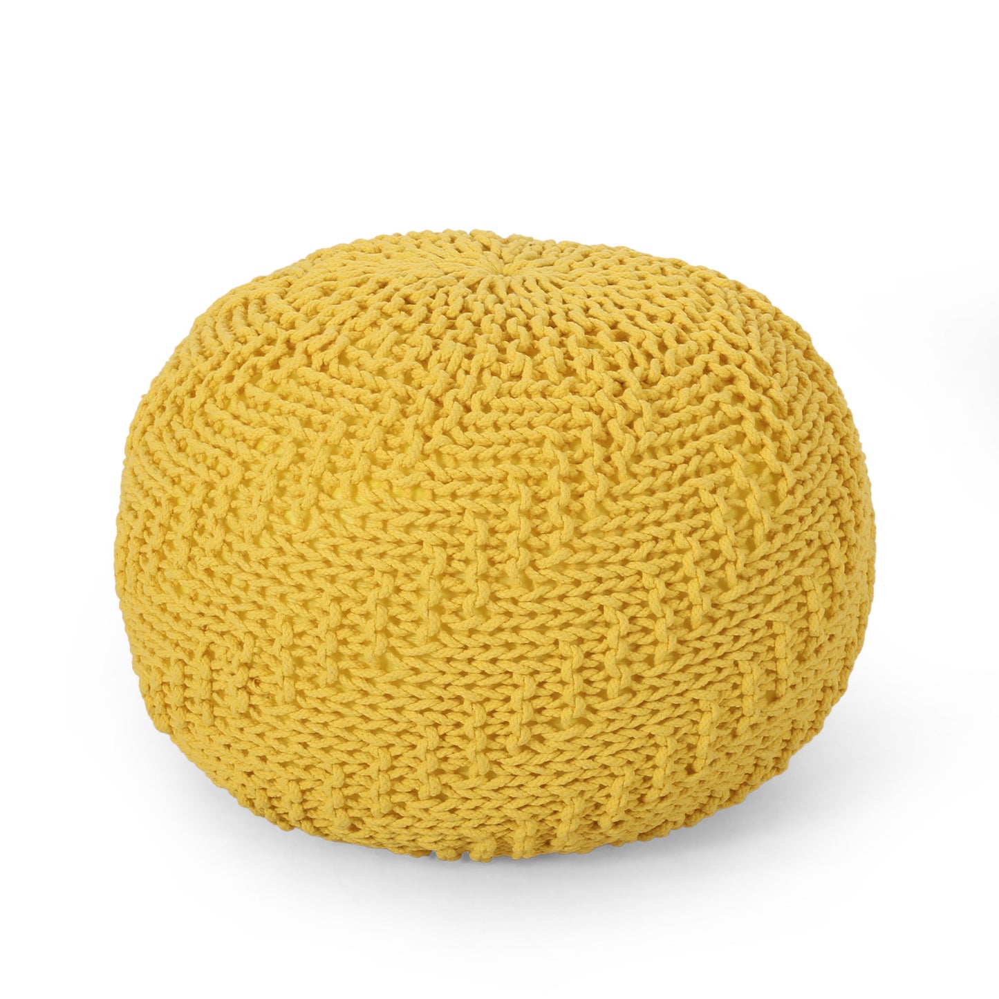 Bordeaux - Knitted Cotton Round Pouf, Versatile Ottoman Or Floor Cushion - Yellow