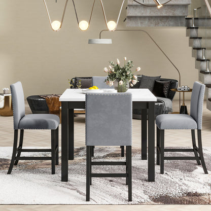 5-Piece Counter Height Dining Table Set With One Faux Marble Top Dining Table And Four Velvet Upholstered Chairs - Gray