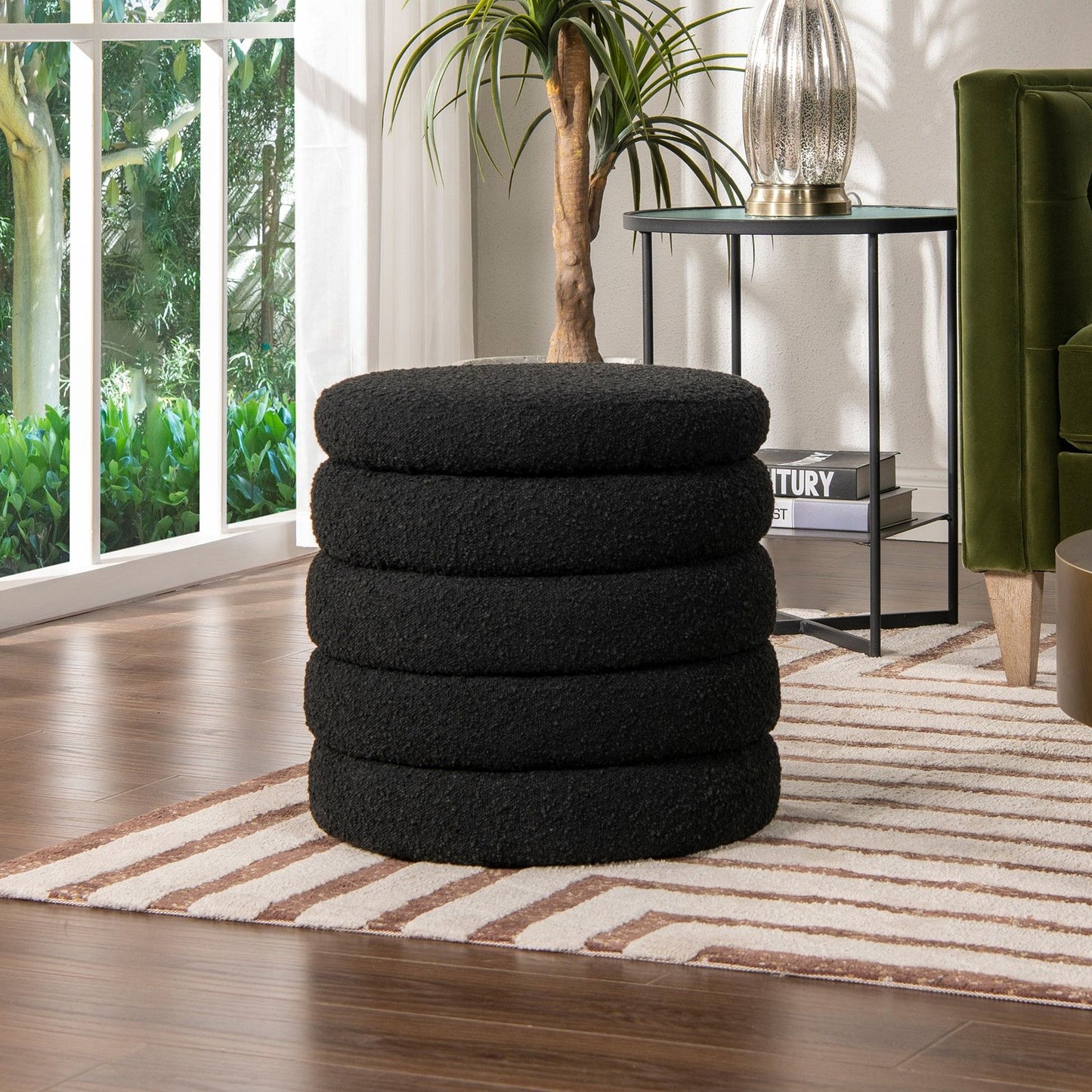 Fuji - Oversized Round Storage Ottoman - Ebony Black