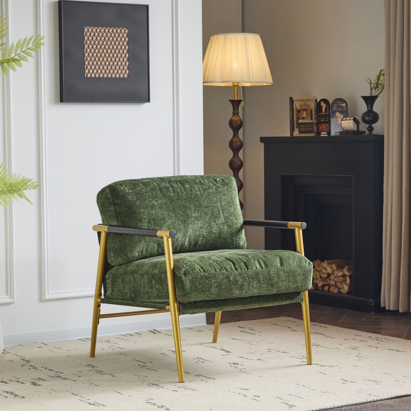 Modern Accent Chair With Plush Cushions, Minimalist Metal Frame, & Wooden Armrest Design - Gold / Green