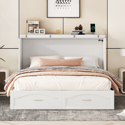 Queen Size Murphy Wall Bed With Drawer And A Set Of Sockets & USB Ports, Pulley Structure Design - White
