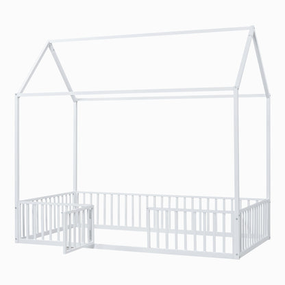 House Bed With Fence And Door - White
