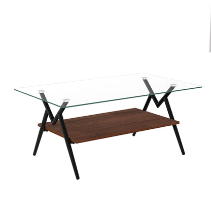 Rectangle Coffee Table With Tempered Glass Top And Metal Legs, Modern Table For Living Room, Transparent Glass - Dark Brown