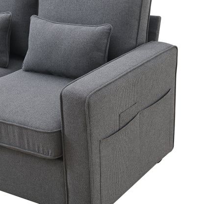 4 Seater Modern Linen Sofa With Armrest Pockets And 4 Pillows, Minimalist Style Couch - Dark Gray