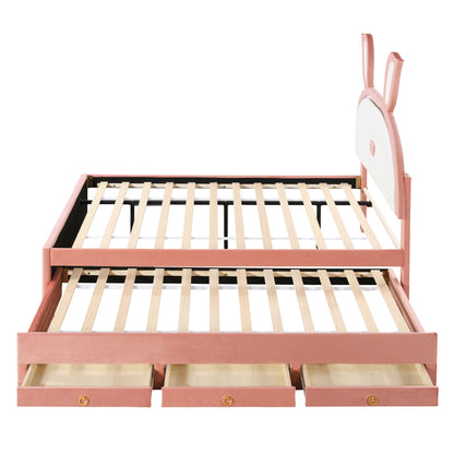 Full Size Upholstered Platform Bed With Trundle And 3 Drawers, Rabbit-Shaped Headboard With Embedded LED Lights - Pink