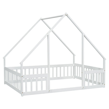 Full Wood House-Shaped Floor Bed With Fence, Guardrails - White