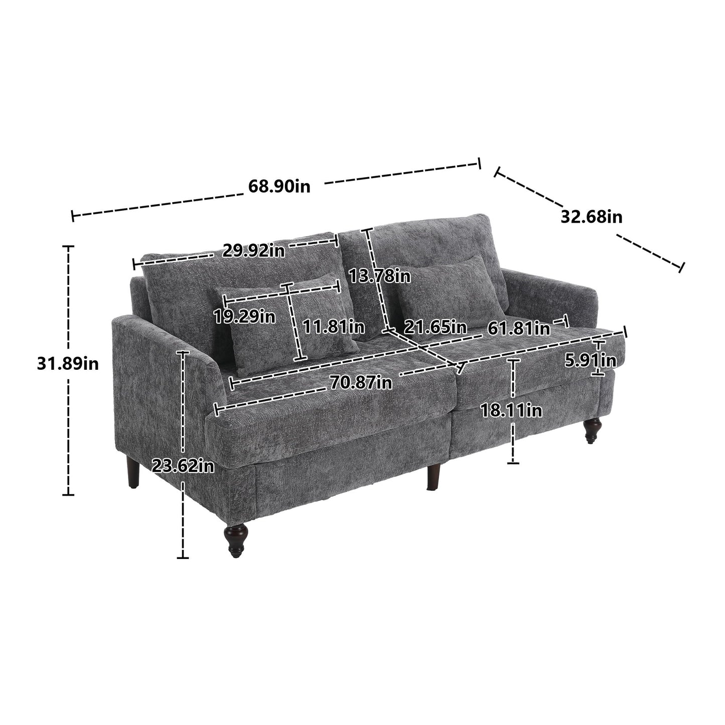 Mid Century Modern Chenille Fabric Loveseat Sofa, 2 Seat Upholstered Couch, Brown Wood Feet - Gray