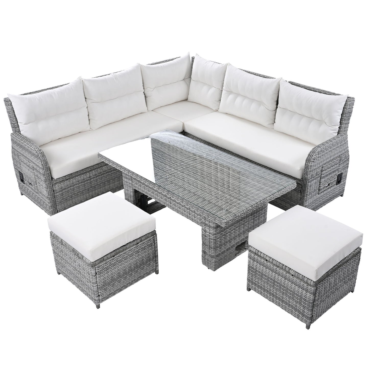 Outdoor Furniture Set Patio Rattan Furniture Set With An Adjustable Table, Recliners With Extendable Side Tables, And 2 Ottomans For Patio, Lawn, Backyard, Pool - Beige
