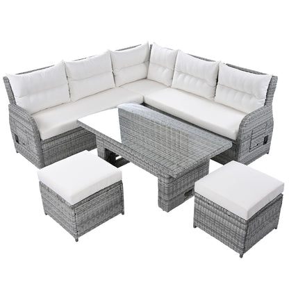 Outdoor Furniture Set Patio Rattan Furniture Set With An Adjustable Table, Recliners With Extendable Side Tables, And 2 Ottomans For Patio, Lawn, Backyard, Pool - Beige