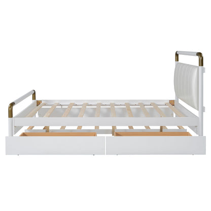 Queen Size Storage Platform Bed, With 2 Big Drawers, Twin Long Size Trundle - White