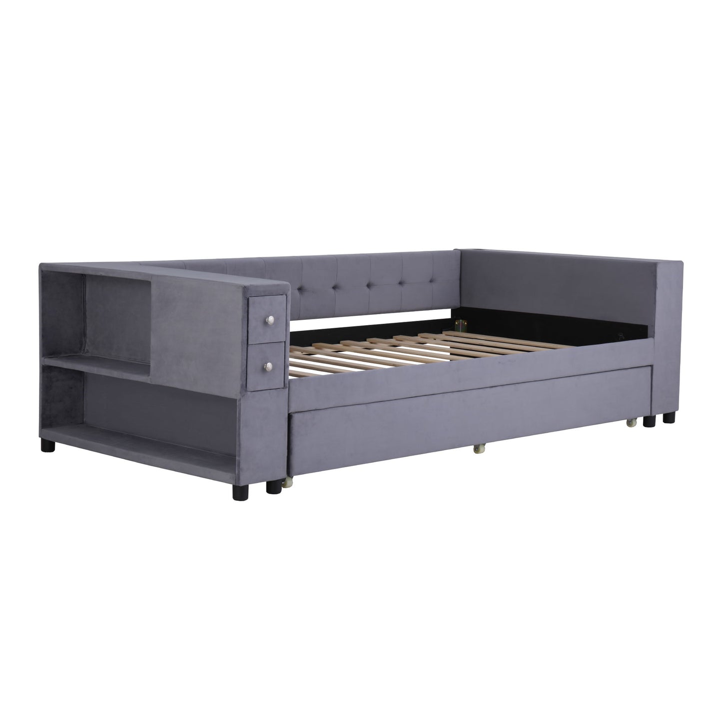 Twin Upholstered Bed With Storage And Twin Trundle, USB Charging Ports - Gray