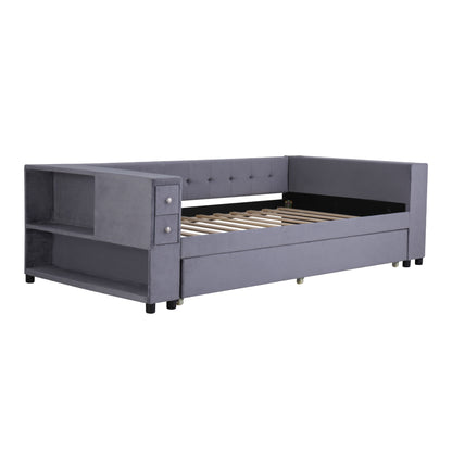 Twin Upholstered Bed With Storage And Twin Trundle, USB Charging Ports - Gray
